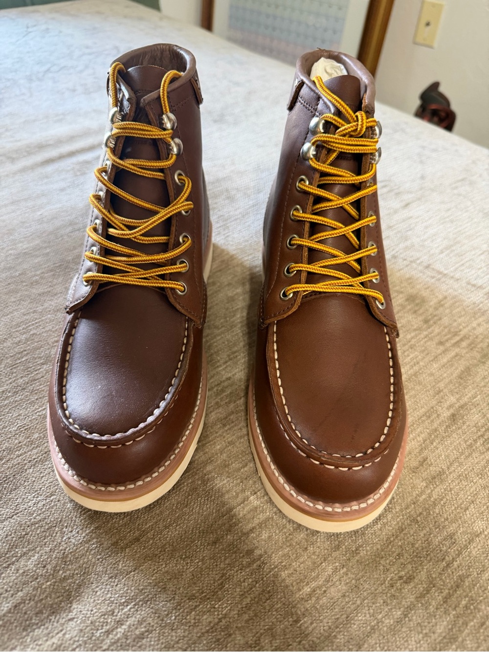 Men's Brown Leather Moc Toe Work Boots with Yellow Laces